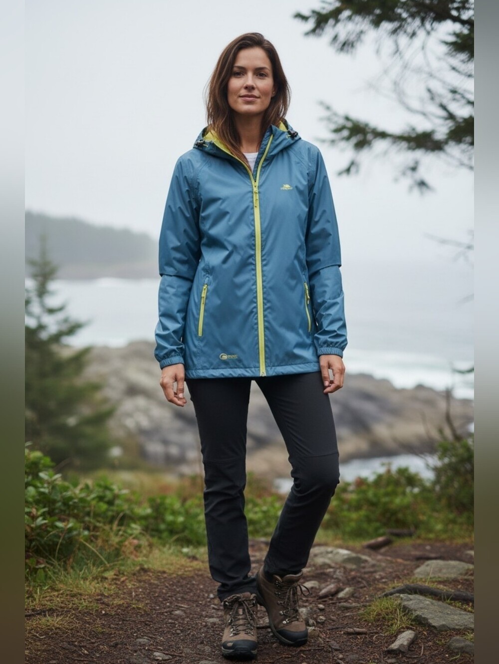 Trespass Blue Hooded Waterproof Jacket with Yellow Trim